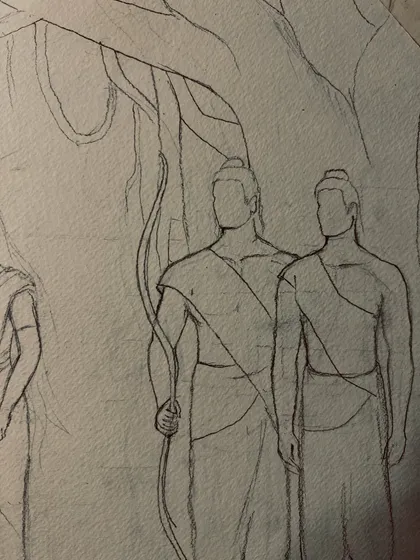 A detailed view of the sketch, focusing on the figures of Ram and Lakshman with their bows.