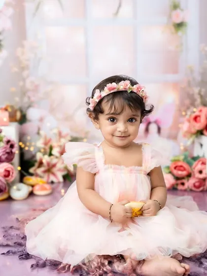 A classic, gentle portrait. The soft lighting and floral background create a truly angelic look.