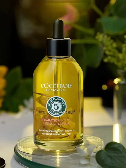 For this L'Occitane hair oil, we created a vibrant, natural scene with sunflowers and green leaves. The concept was to surround the product with the natural ingredients it's derived from, making it feel wholesome and effective.