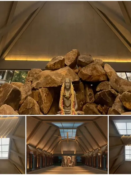 This collage shows the completed Dravidian-style temple my team and I designed. The central idol is placed under a skylit, pyramid-like roof, and the space is defined by traditional columns and natural stone, creating a sanctuary of divine artistry.