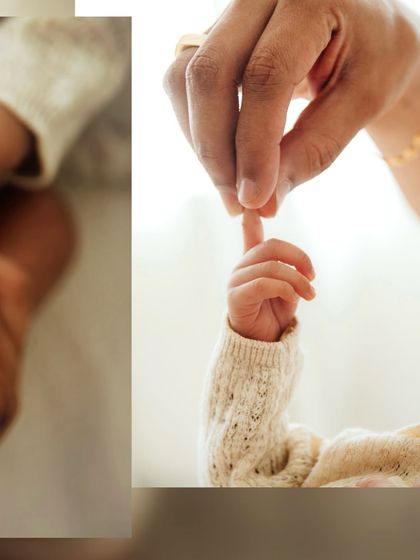 A collage of details: a baby's hand holding a parent's finger, a mother's loving gaze. It's a collection of small, loving moments.