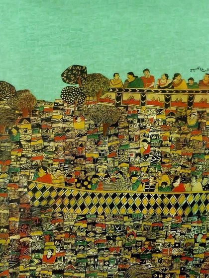 Ramakrishna V's work explores the density of urban life. This cityscape is not just about buildings; it's about the countless human stories and interactions that happen when people live in close proximity.