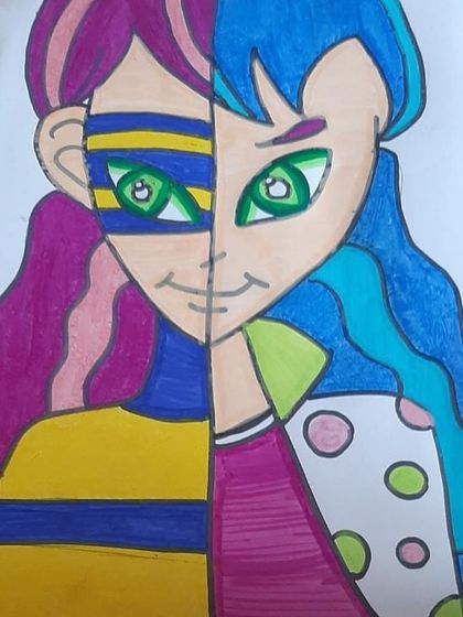 A split-face portrait showing two sides of a character's personality. This is an advanced concept that encourages students to think about storytelling and symbolism.