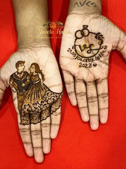 For a modern and minimalist approach, I can create a design focused on a single, beautiful element. This piece features a detailed portrait of the couple on one hand and their initials with the wedding date on the other, offering a chic and personal touch.
