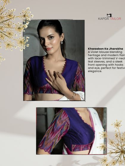 The Khwaabon Ka Jharokha blouse. This violet piece blends heritage and modern flair, with a lace-trimmed V-neck, ikat sleeves, and a sleek front opening, perfect for festive elegance.