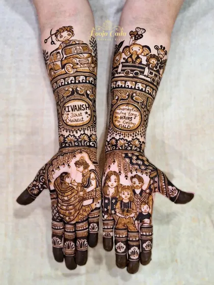 Celebrating life's biggest moments is my passion. This unique henna design was created for a baby shower and Mundan ceremony, featuring a family portrait, the baby's first haircut, and adorable animals in a car to tell the family's story.