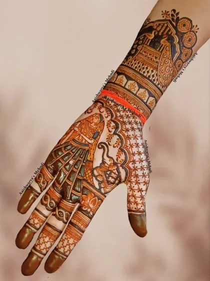 This design combines a dancing bride figure on the palm with majestic peacocks on the wrist. It’s a celebration of joy, dance, and tradition.
