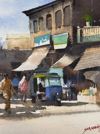 A watercolor painting of a typical Indian market street. I love capturing these scenes of daily life, with their interesting characters, textures, and the strong afternoon light creating deep shadows.