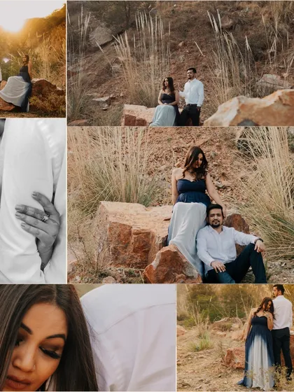 A collage from a pre-wedding shoot in a rustic, natural setting at sunset. The golden light and earthy tones create a warm, romantic atmosphere, highlighting the couple's connection.
