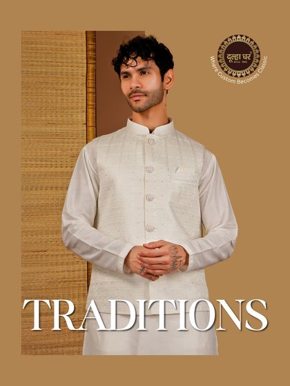 Traditions, where custom becomes classic. A model in an off-white kurta with a matching textured Nehru jacket, a look of pure elegance.