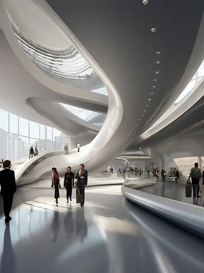 The interior of the Meta Tower features flowing, organic forms that guide users through the virtual space. This is a world where architecture, light, and interaction collide to create a dynamic community.