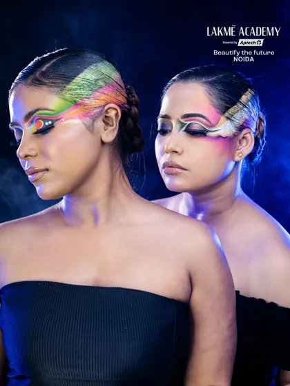 A dual-model shot featuring vibrant, colorful Brazilian eye makeup. This shows how the same technique can be adapted for different face shapes and styles.