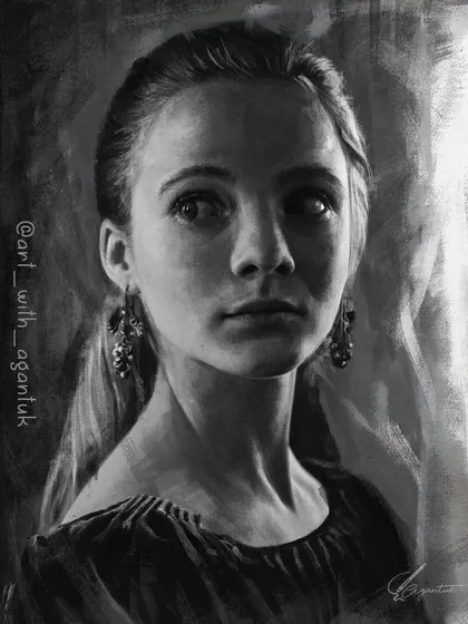A portrait of Princess Cirilla from The Witcher. For this piece, I experimented with a style that looks more like a traditional charcoal or graphite drawing, using digital brushes to create a softer, more painterly effect.