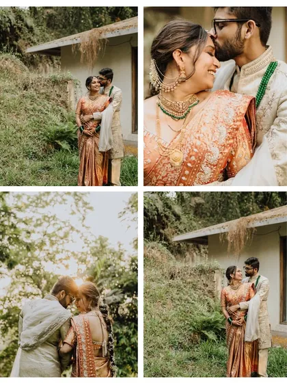 A collage of romantic moments from a post-wedding shoot, showcasing the couple's love against a backdrop of lush greenery.