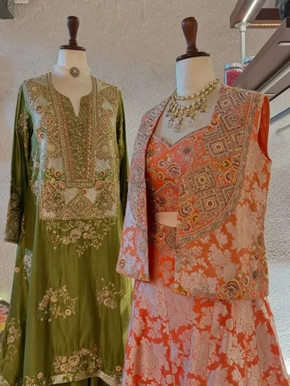A wider view of the two ensembles, showing how the different color palettes and textures complement each other beautifully.