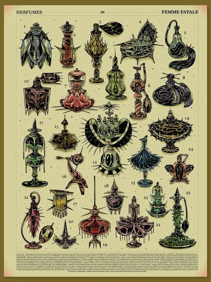 The complete scientific-style poster for my personal project, 'Herfumes.' I reimagined 25 vintage perfume bottles as sharp, creature-like objects of rebellion. This project blends my love for vintage aesthetics, scientific illustration, and uncanny, narrative-driven design.
