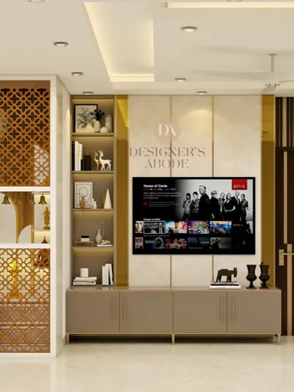 A full elevation design showing how we harmonize modern functionality with timeless tradition. The living area features an intricate jali-work mandir next to a sleek, contemporary TV unit.