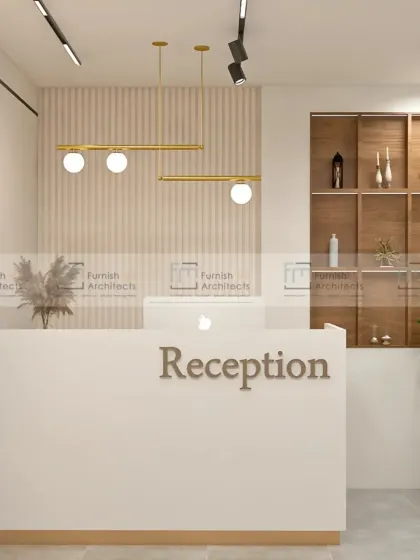A minimalist reception desk design that combines clean white surfaces with warm wood textures and modern pendant lighting. This space feels open, inviting, and professional.