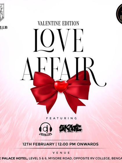 "Love Affair" Valentine Edition party flyer for an event at White Palace Hotel.