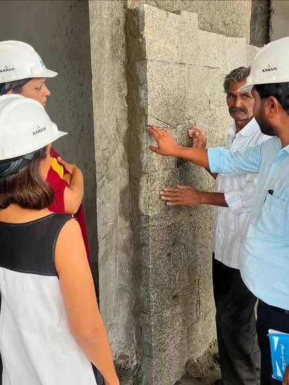 Our hands-on process on site, where we collaborate closely with masons and craftsmen to ensure every detail, like the texture and tone of a stone wall, is executed with precision and artistry.