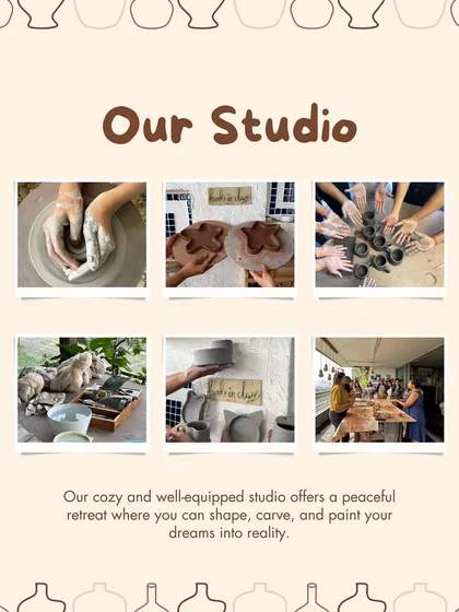 A collage showing our studio in action. It's a peaceful retreat where you can shape, carve, and paint your dreams into reality.