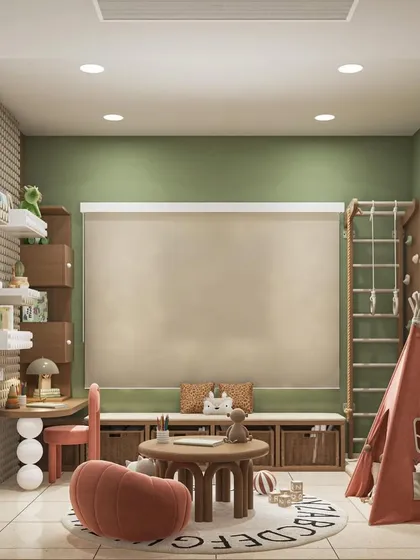 We design spaces that spark imagination and joy. This children's playroom and bedroom concept is a testament to our ability to create fun, functional, and safe environments for the youngest members of the family, incorporating a climbing wall, a cozy teepee, and ample storage.