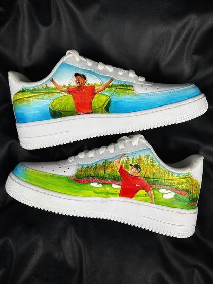 A top-down view of the Tiger Woods custom sneakers, showing the beautiful landscape of the golf course.