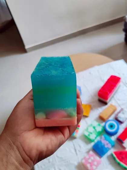 A loaf of my ombre-themed soap, with beautiful layers of blue and green.