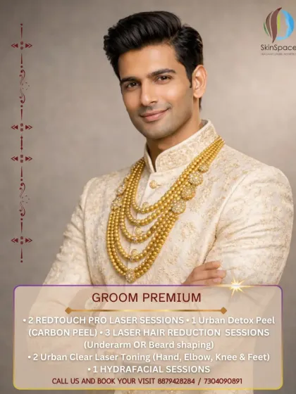 Our 'Groom Premium' package is for grooms who want sharper skin and refined texture. It includes Redtouch Pro laser sessions to boost collagen, a Carbon Peel for detox, and targeted laser hair reduction for underarms or beard shaping.