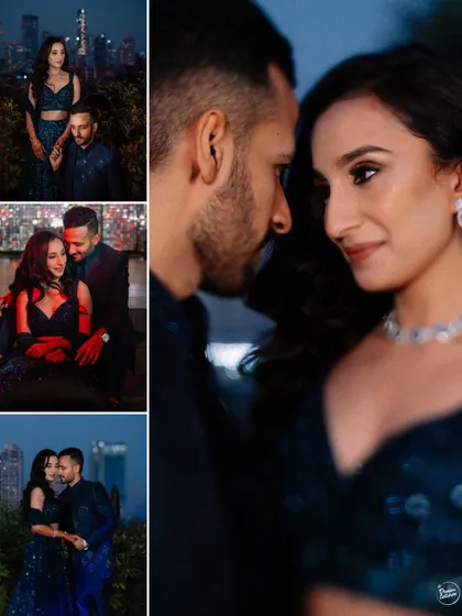 A collage of intimate couple portraits against the Mumbai skyline at night. These shots capture the romantic, urban vibe of their Sangeet.
