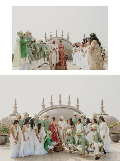 A two-part collage showing the bride and groom with their respective squads. These images capture the fun and supportive energy of their closest friends on the wedding day.