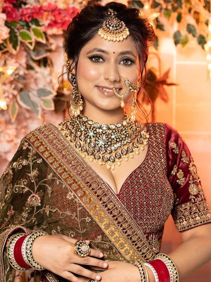 A complete set of images showcasing a bride in a heavy, multi-toned velvet lehenga. The series provides a full 360-degree view, perfect for client consultations.