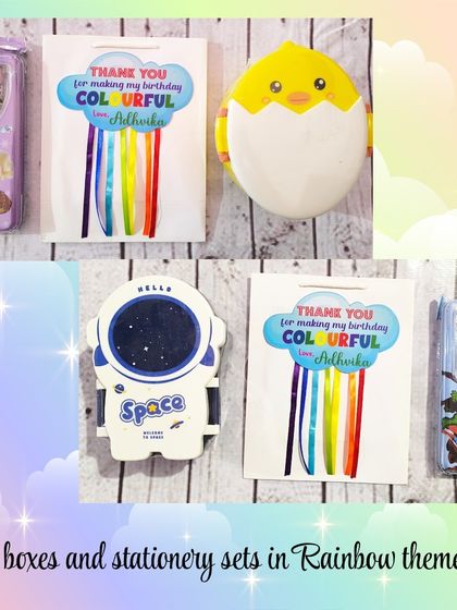 Here, the unique snack boxes are paired with themed stationery sets and packed in my custom rainbow-themed paper bags.