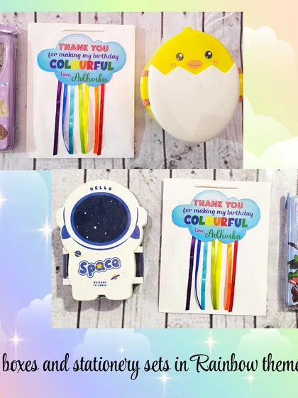 Here, the unique snack boxes are paired with themed stationery sets and packed in my custom rainbow-themed paper bags.