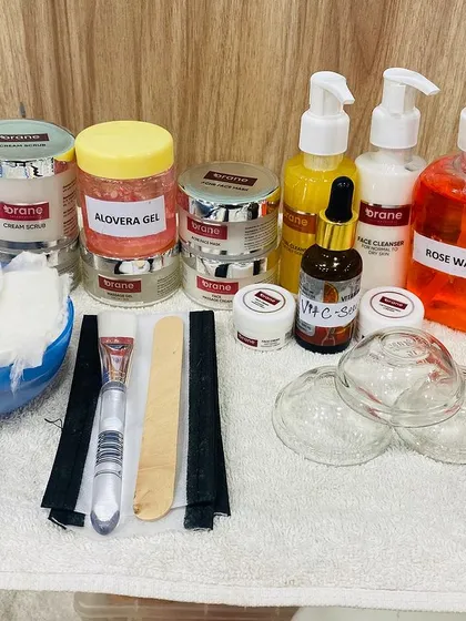 Another view of the skincare kit. From cleansers and gels to professional tools like cupping glasses, my students get familiar with everything they will use in a real salon.