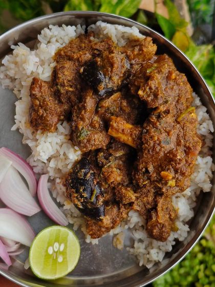 My Konkani Mutton Kokum Masala served over a bed of fluffy Indrayani rice. The masala and kokum are sourced directly from the markets in Goa, giving this dish a truly authentic and tangy flavour. It's a bomb!