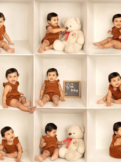 This box collage for a first birthday includes interactions with a teddy bear, adding another layer of sweetness and storytelling to the final image.