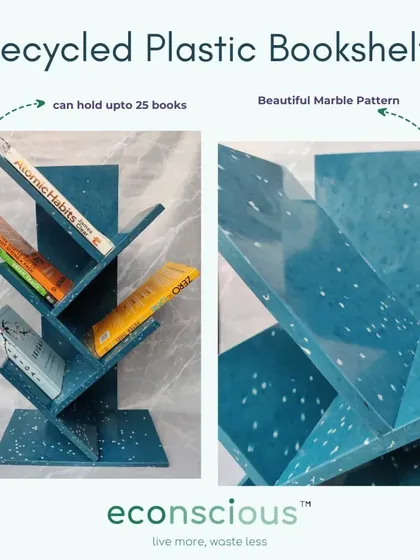 Our recycled plastic bookshelf is more than just furniture; it's a statement. Made from 5 kilograms of plastic waste, this sturdy and stylish piece can hold up to 25 books, making it a functional and impactful addition to any office or home.