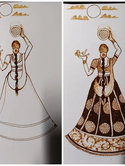 A before-and-after of a Karwa Chauth design sketch. You can see how the simple outline is transformed into a detailed and shaded figure, ready to be applied.