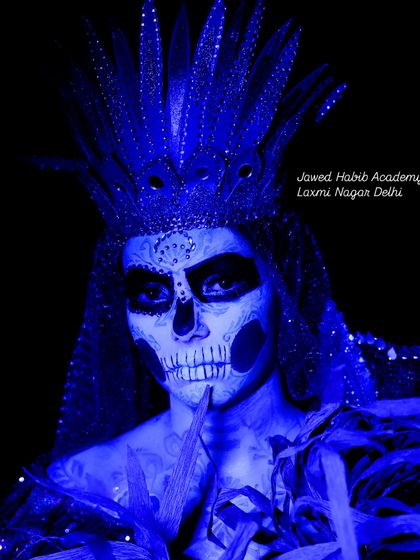 Another angle of the creative sugar skull makeup, showcasing the detailed teeth and jawline work. Our SFX training covers anatomical details for realistic and fantasy effects.