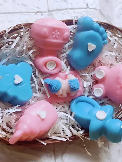 The baby shower soaps arranged in a basket, perfect for creating your own DIY gift hamper.