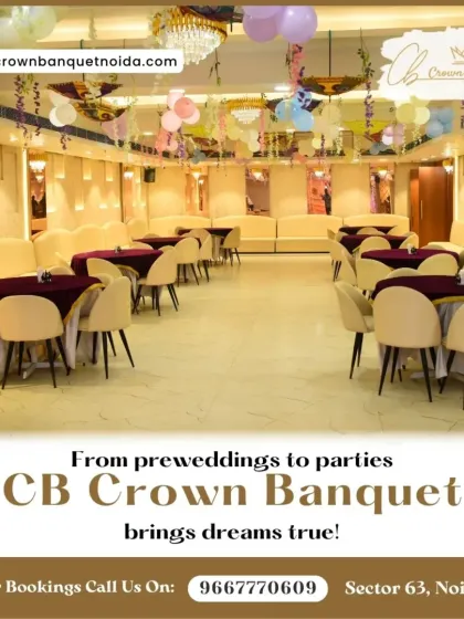 We bring your dream celebrations to life, from pre-wedding events to parties. This image shows our hall decorated with colorful hanging umbrellas and balloons, with tables set with deep purple cloths for an evening event.