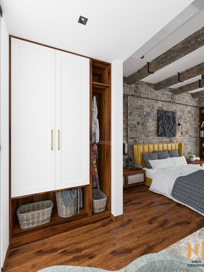 A clever storage solution with open shelving and baskets integrated next to the main wardrobe.