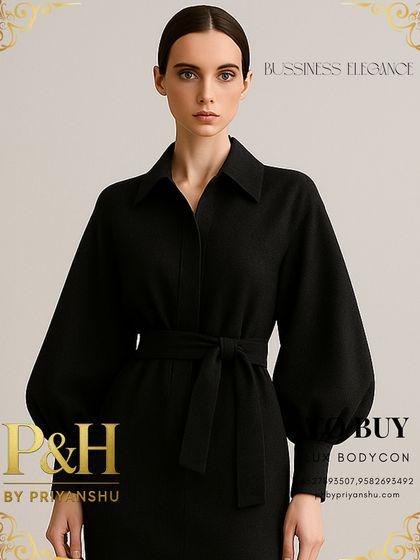 A closer shot of the black bodycon dress, focusing on the details of the collared neckline, belted waist, and the voluminous sleeves, which create a balanced and commanding look.