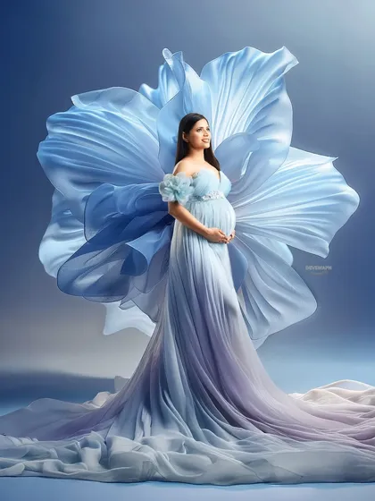A creative and artistic portrait using a giant fabric flower as a dramatic backdrop. The soft blue gown complements the prop perfectly, creating a whimsical and unforgettable image.