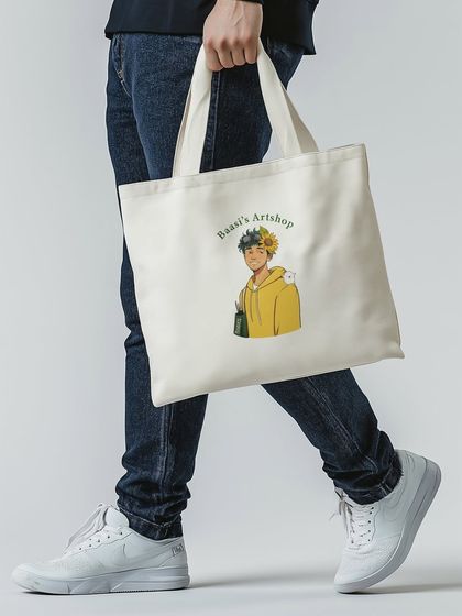 A mockup of a tote bag with my art shop logo. It's perfect for carrying sketchbooks and art supplies.