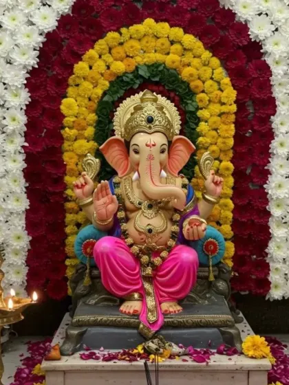For Ganpati festival celebrations, I create stunning backdrops like this one. This mandap decoration features a dense arch made entirely of fresh flowers, including white chrysanthemums, yellow and orange marigolds, and red carnations, for a vibrant and traditional look.