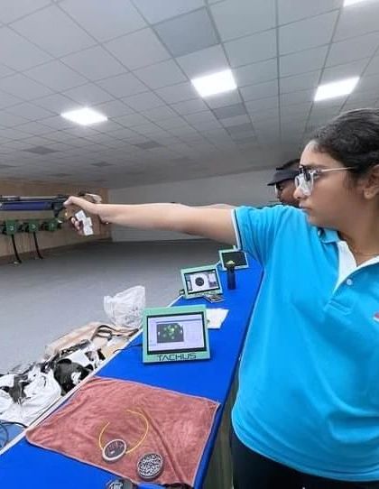 Rishika Singh, a talented 13-year-old from our academy, during the 66th National Shooting Competition where she scored 567 and qualified for the Indian team selection trials.