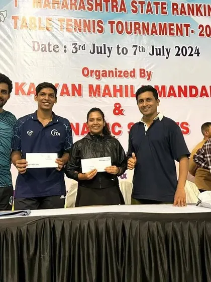 Celebrating our winners at the 1st State Ranking Table Tennis Tournament. This photo includes U-19 winner Ananya Chande and men's semi-finalist Tanmay Rane, showcasing success across different categories.