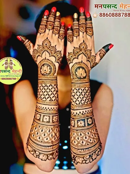 A stunning back-of-hand design featuring lotus mandalas and intricate geometric patterns. This is a popular choice for brides and bridesmaids who want a stylish look.